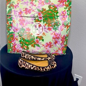 Tory Burch Black/Brown Leopard Print Calf Hair Laila Square Toe Ballet Flats